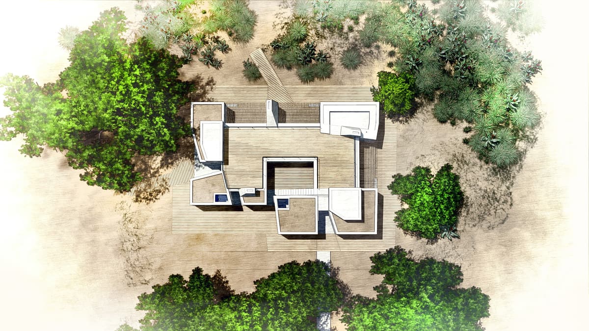Aerial site plan rendering of the beach houses around a timber deck, surrounded by trees and dune planting