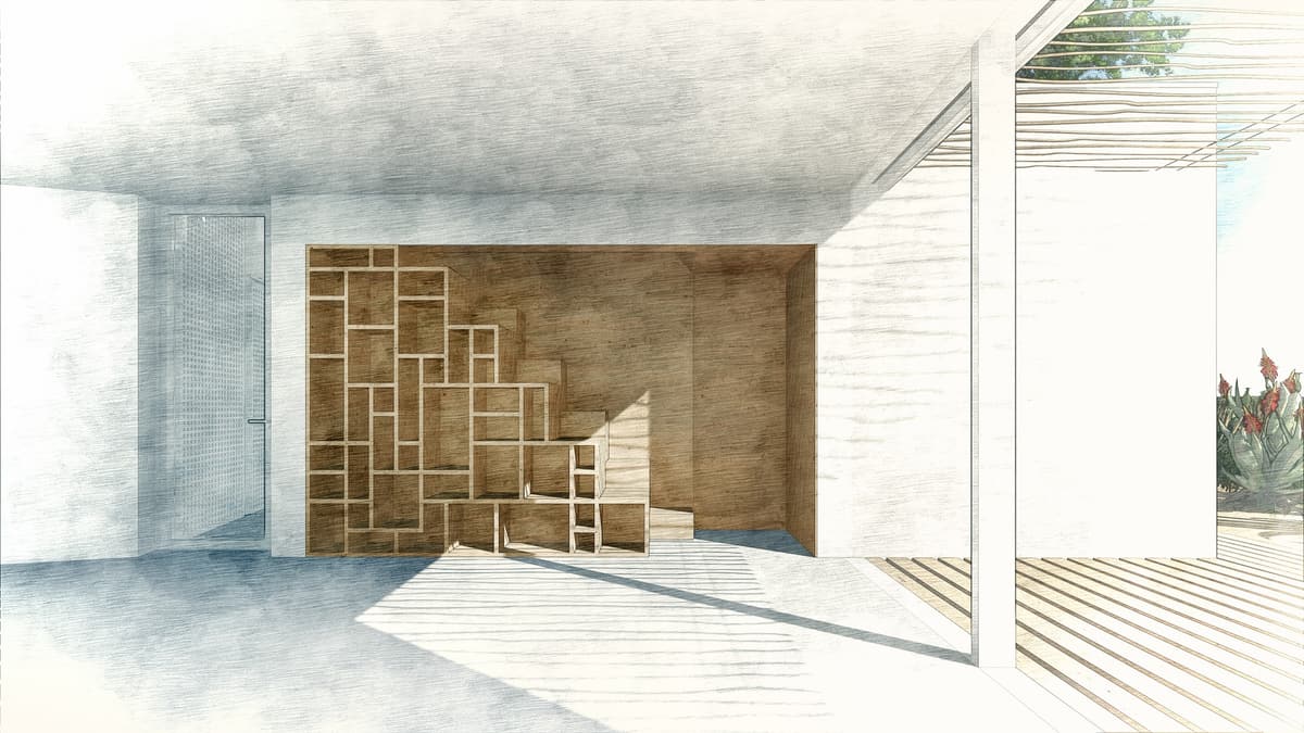 Sketch-style interior rendering of a plywood stair with shelving, opening onto a shaded timber deck