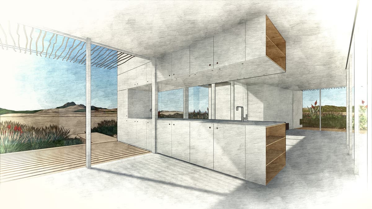 Sketch-style interior rendering of a white kitchen open to a pergola deck and dune landscape