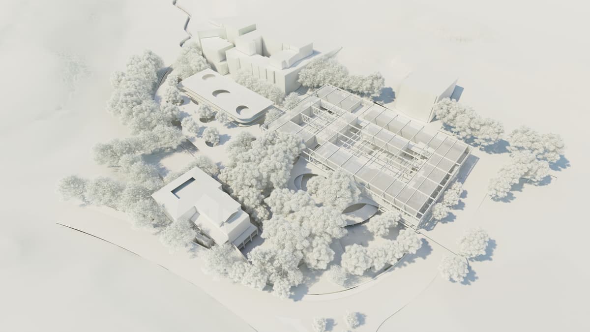 Aerial 3D rendering in white of the public market extension, a grid structure set among trees and buildings