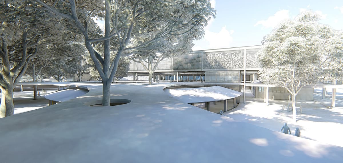 3D rendering of a raised curved public space around trees in front of the Mercado da Vila facade