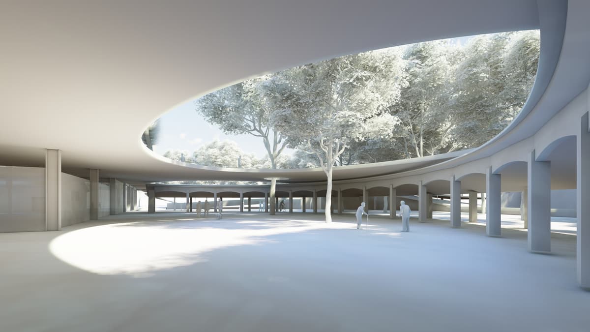 Covered colonnaded plaza under a large oval opening with trees and people walking, public market 3D rendering