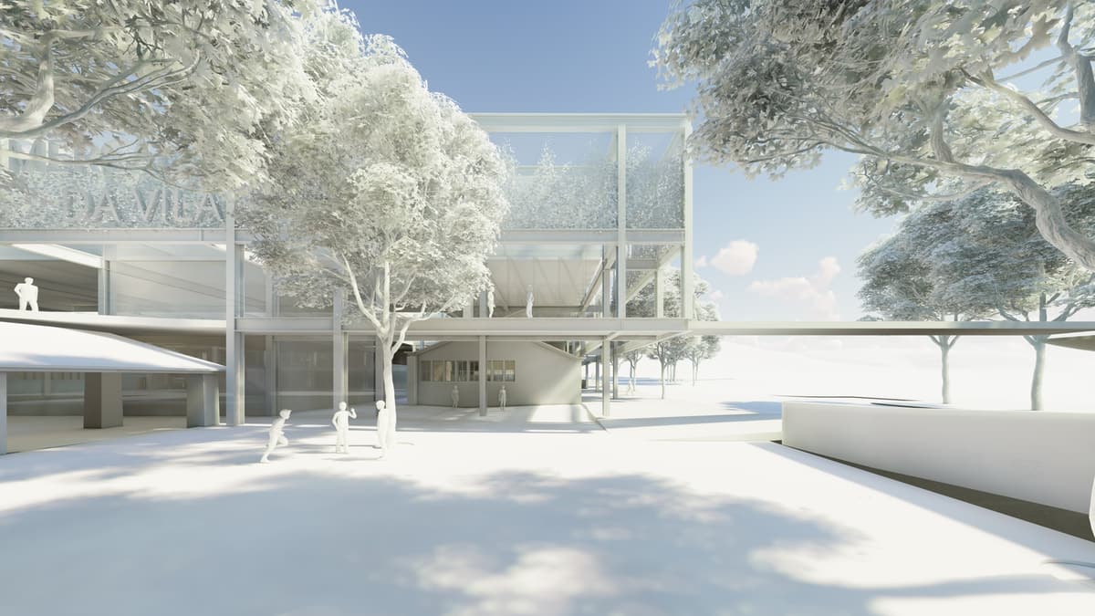 3D rendering of the market's metal grid structure with planted upper levels above a small pitched-roof building