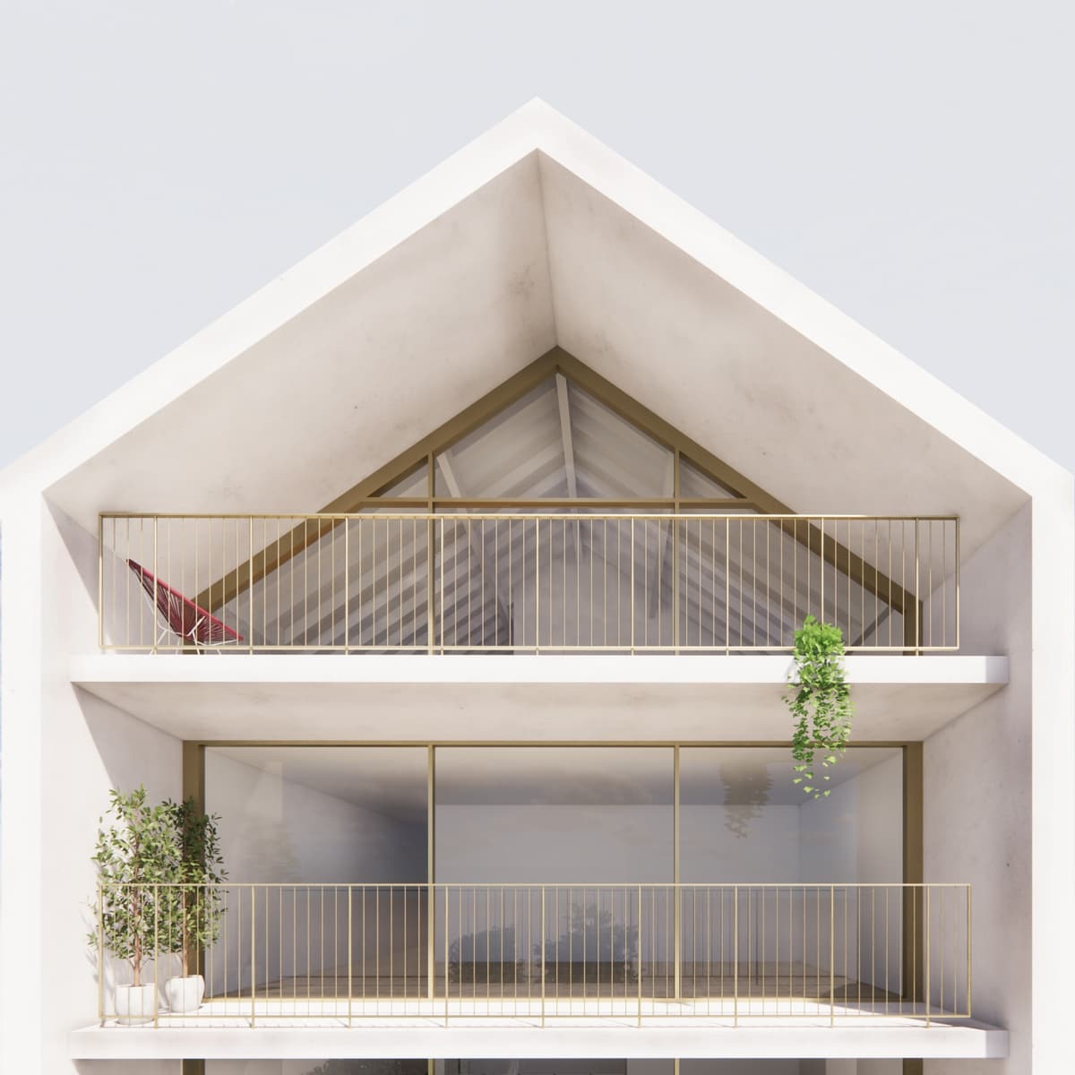 3D rendering of the Oporto residential building's white gabled top with gold-toned glazing and slender railings