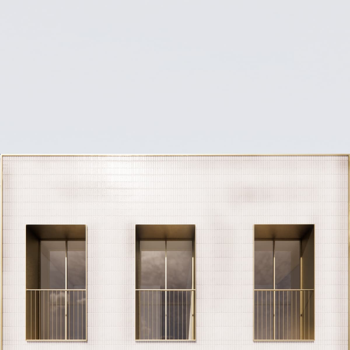 3D rendering of a white tiled facade with three deep gold-toned window reveals and balconettes, Oporto