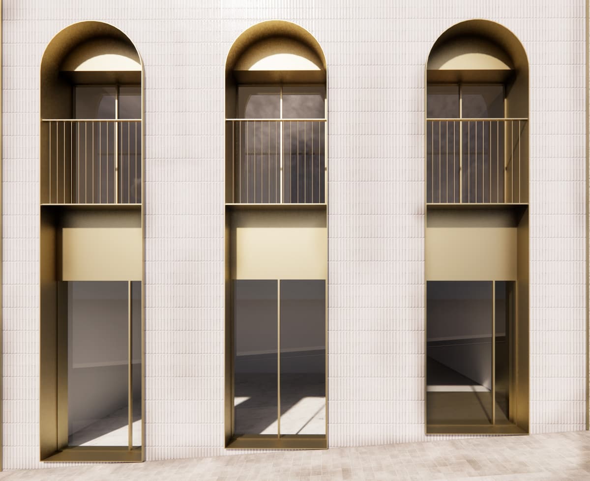 3D rendering of three tall arched openings with gold-toned frames and balconettes in a white tiled Oporto facade