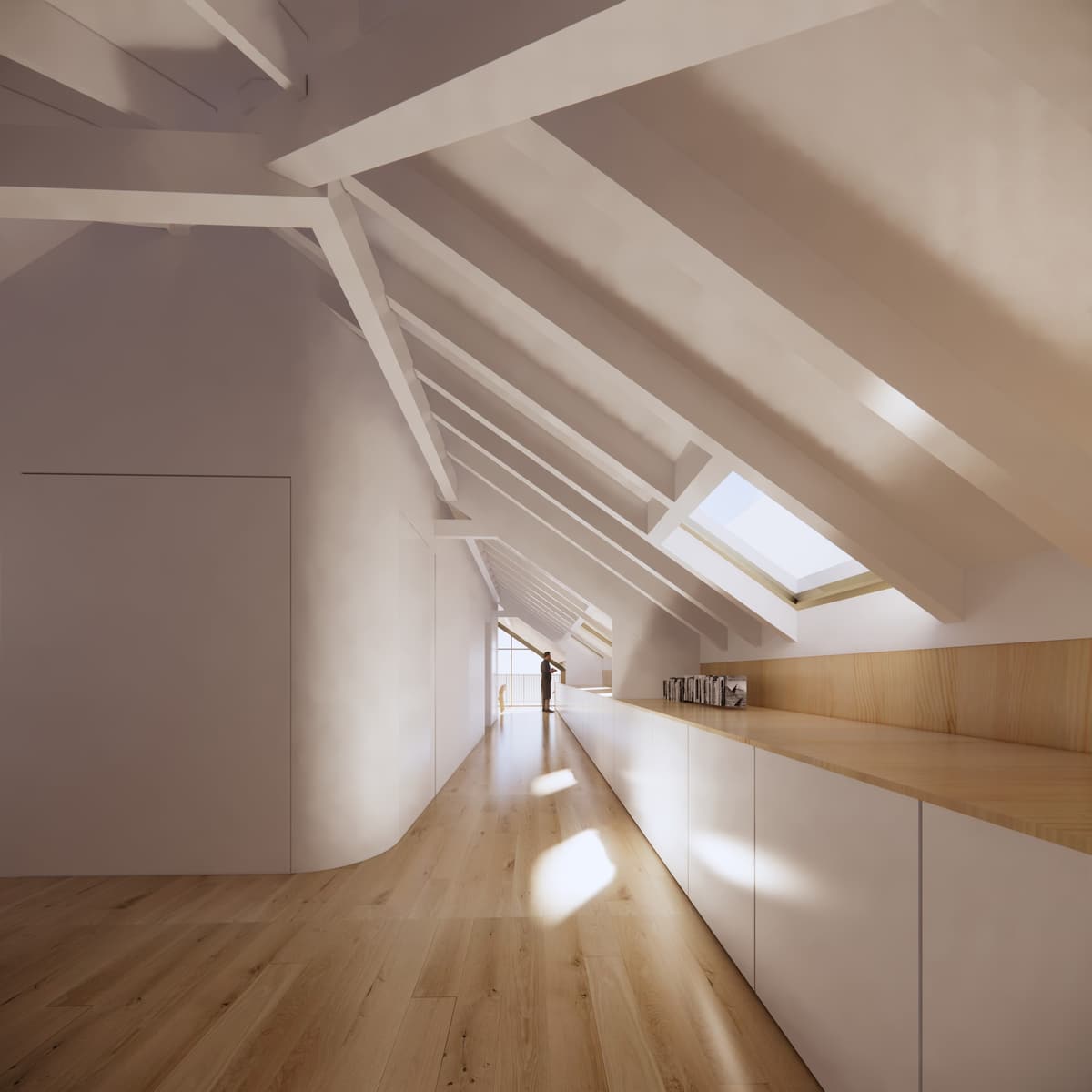 3D rendering of an attic corridor with exposed white roof trusses, skylight, oak floor and long built-in cabinet