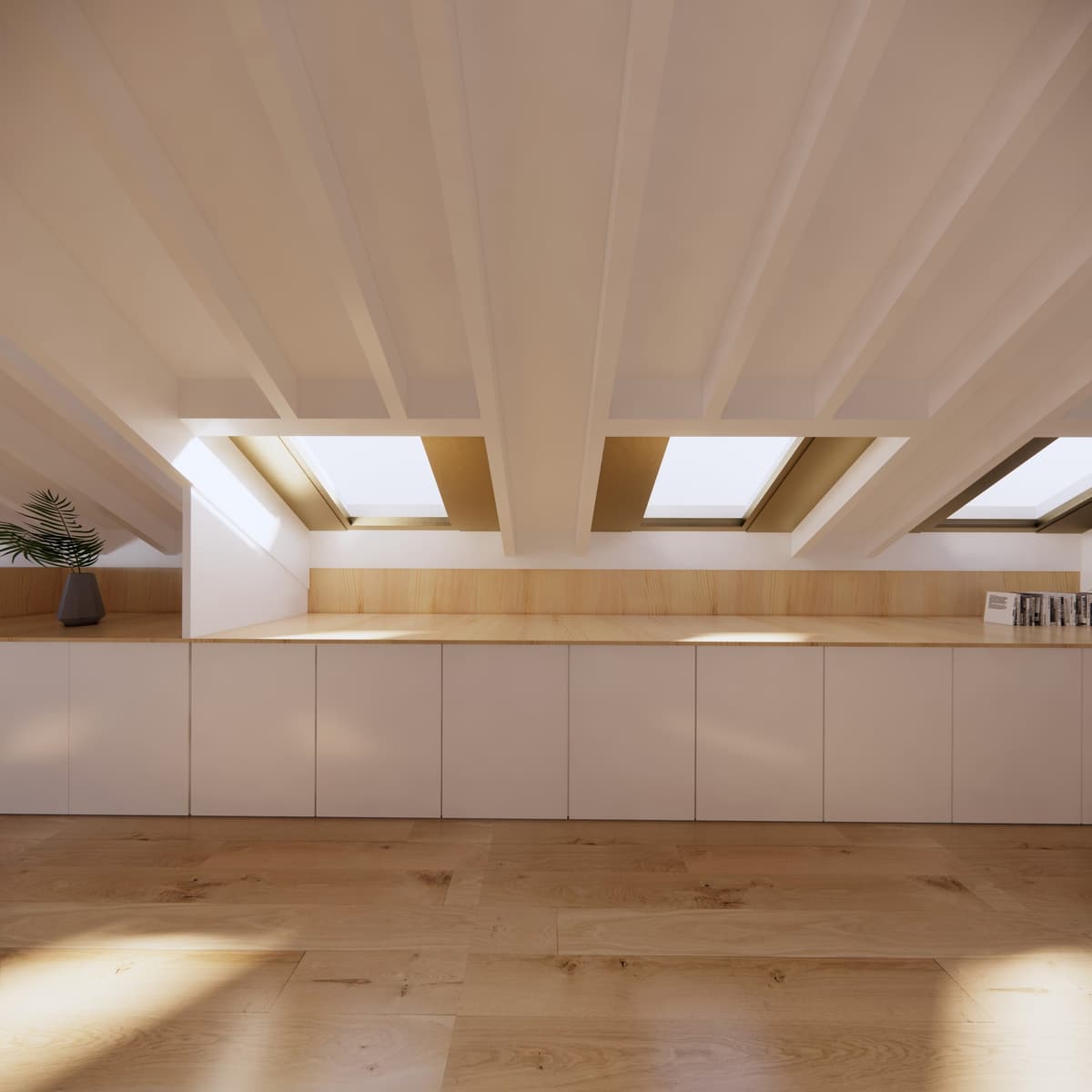 3D rendering of an attic with white rafters, three skylights and a long white cabinet with a timber top