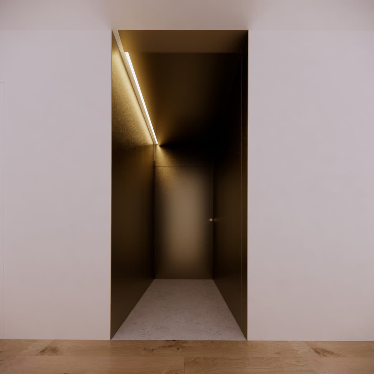 3D rendering of a narrow gold-toned passage with a slanted light strip, opening from a white room with oak floor