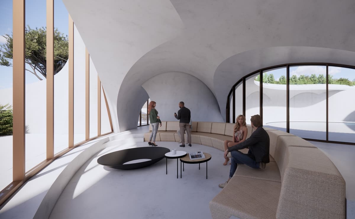 3D rendering of a curved white living room with a sunken sofa, people talking and glazing to a patio