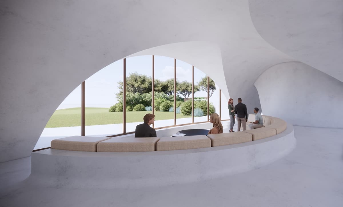 3D rendering of a curved built-in sofa inside a white shell-like room, a wide window framing the garden