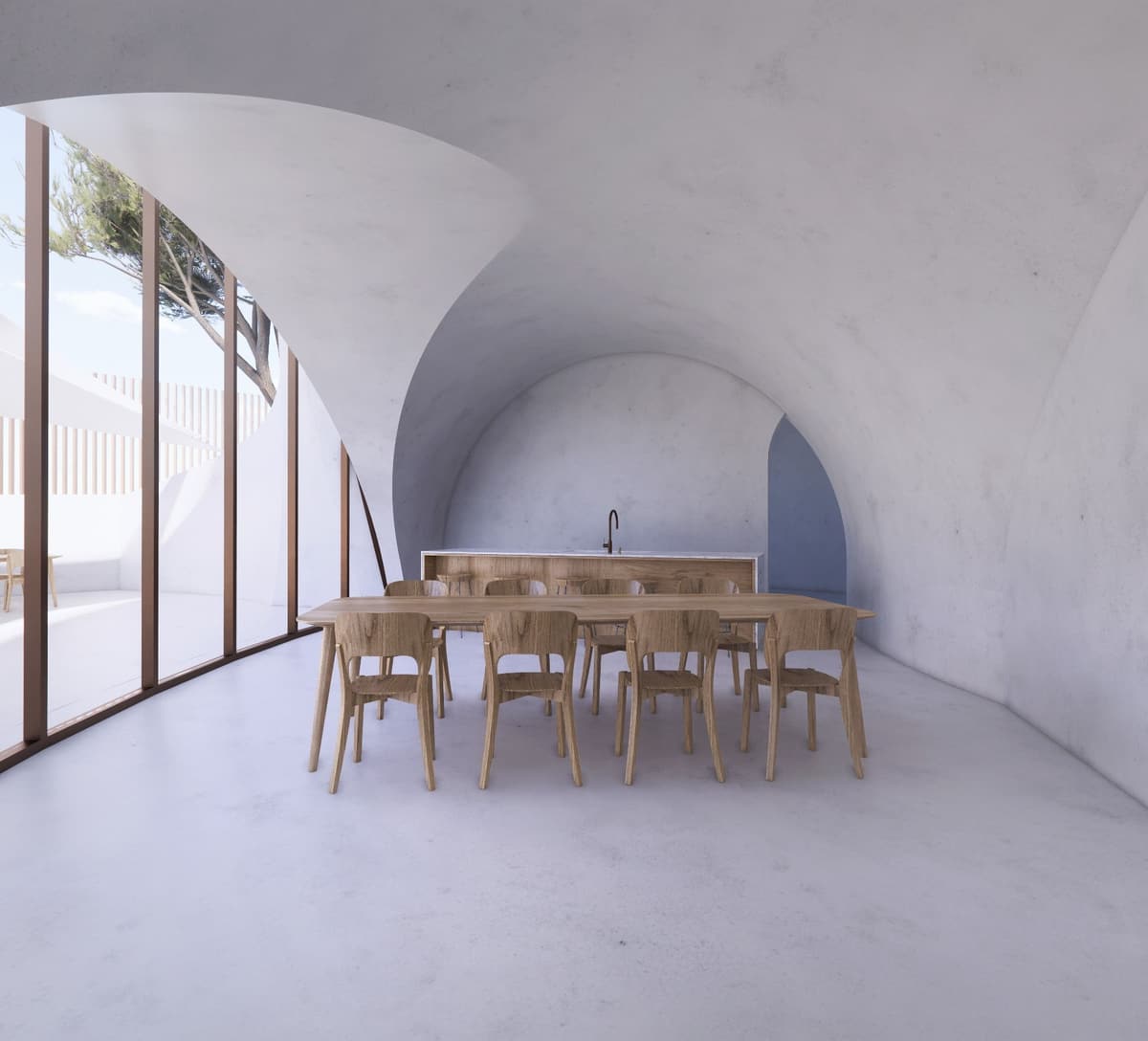 3D rendering of a vaulted white dining space with a wooden table and kitchen island beside curved glazing