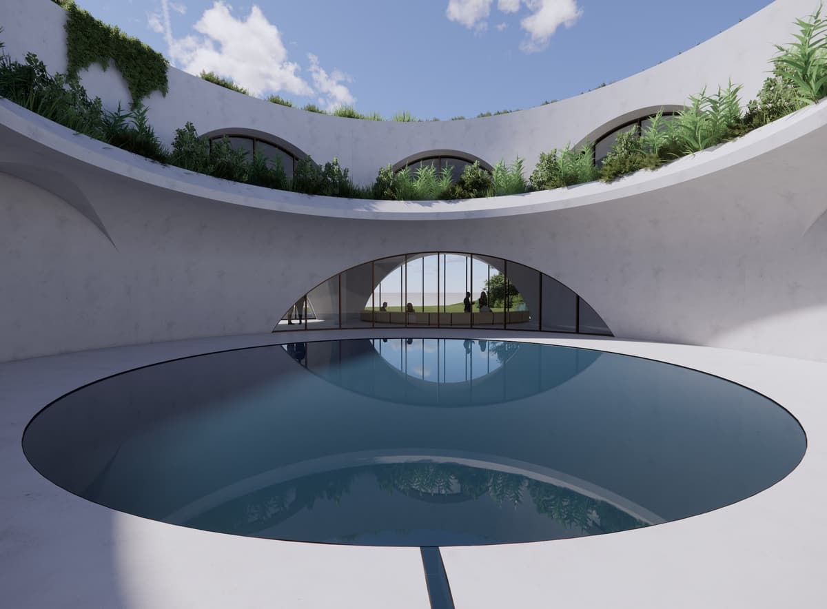 3D rendering of a circular patio with a round pool, arched glazing and planted roof edges