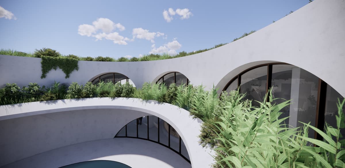 3D rendering of curved white walls with arched windows and planted terraces around an inner patio