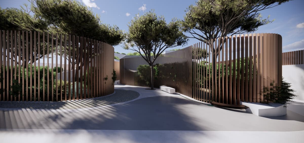3D rendering of an entrance court with curved screens of vertical slats under trees