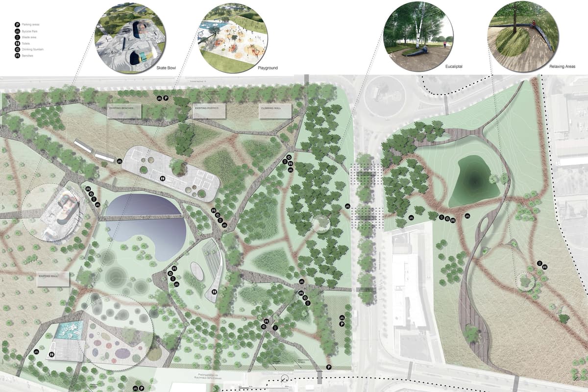Site plan of the Castelo Branco urban park with lake, paths and circular vignettes of skate bowl and playground
