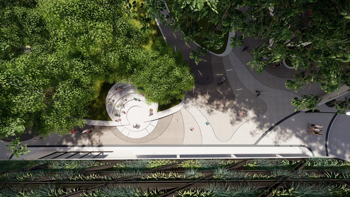 Aerial rendering of Jardim Visconde da Luz with a spiral seating area under large trees and curved paving