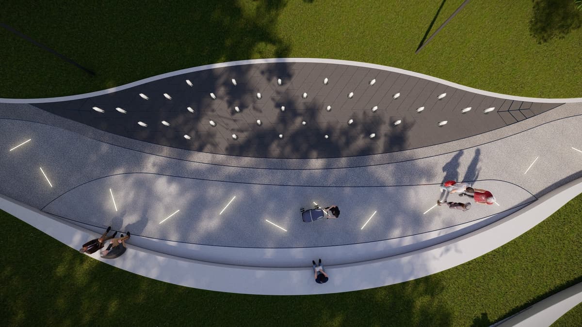 Top-down rendering of a leaf-shaped plaza with floor water jets, linear lights and people walking
