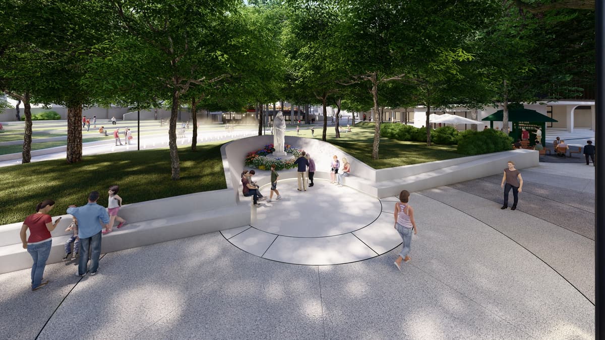 Rendering of a curved white bench wall around a statue and flowerbed, with people in the Cascais garden