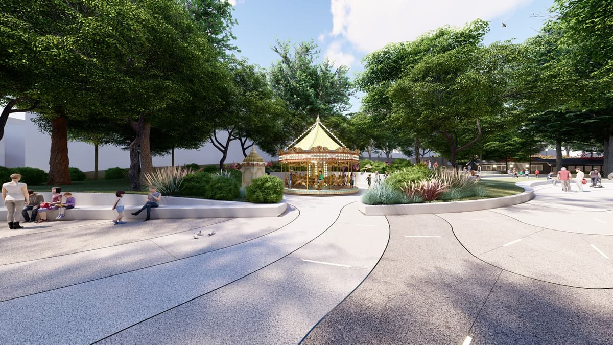 Rendering of curved paths leading to a carousel among trees and planted beds in the Cascais garden