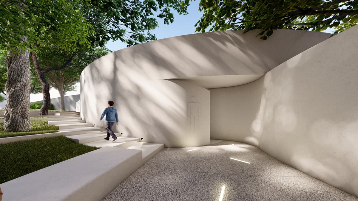 Rendering of a curved white public toilet block beneath trees, with steps and a visitor walking by