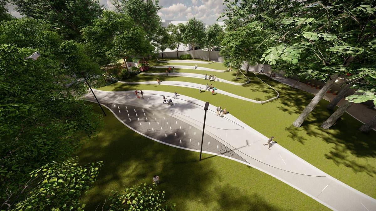 Aerial rendering of the green amphitheater with curved grass terraces and a paved area of water jets