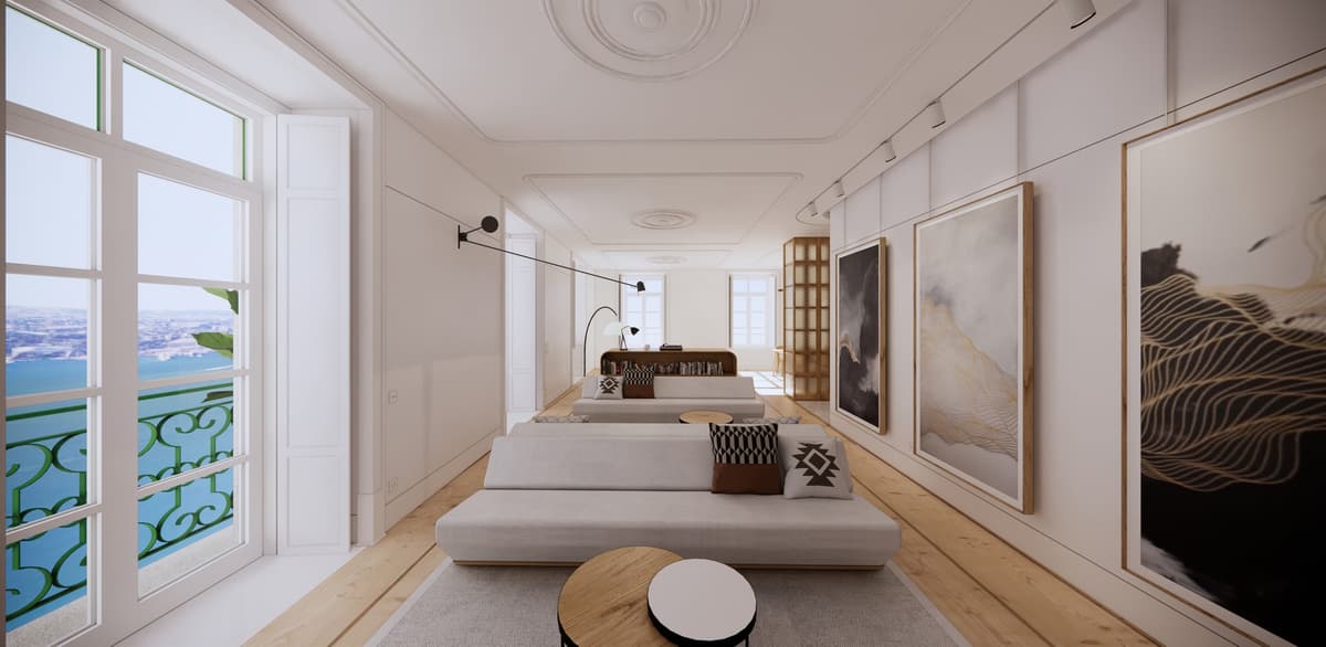 Rendering of a Lisbon apartment living room with light sofas, stucco ceilings, framed art and river view