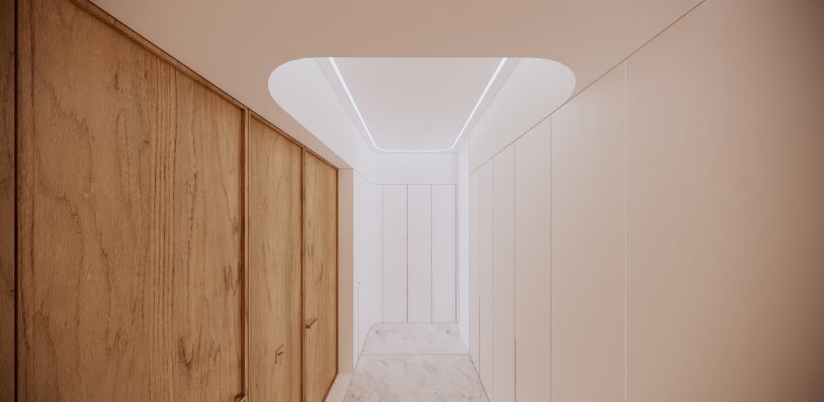 Rendering of a hallway with oak wall panels, white built-in cupboards, marble floor and recessed ceiling light