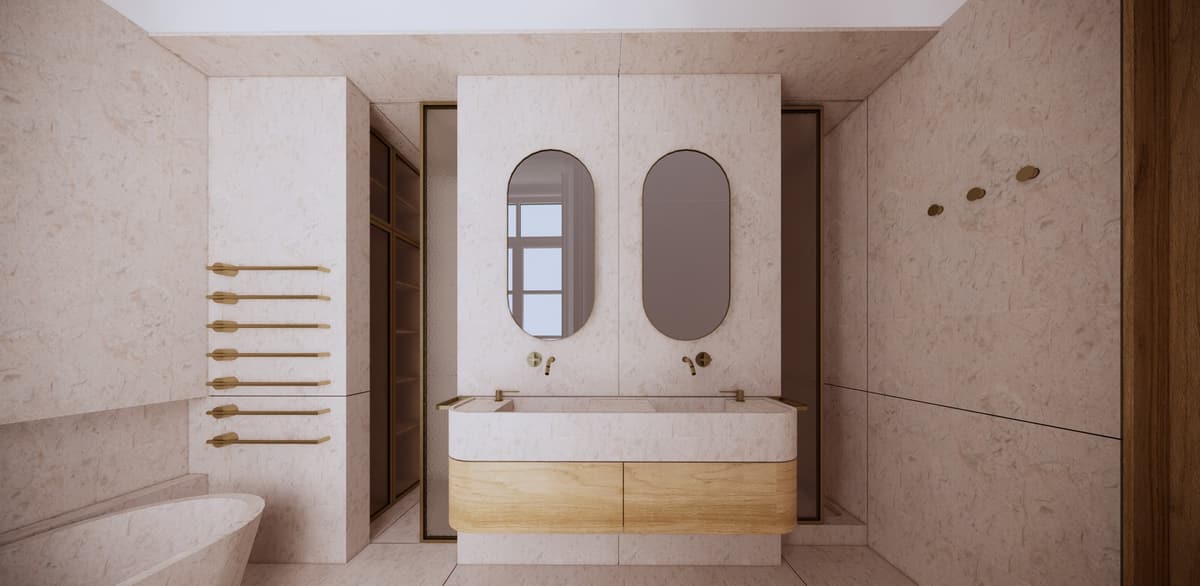 Rendering of a bathroom with double stone basin on an oak vanity, oval mirrors and brass towel rails