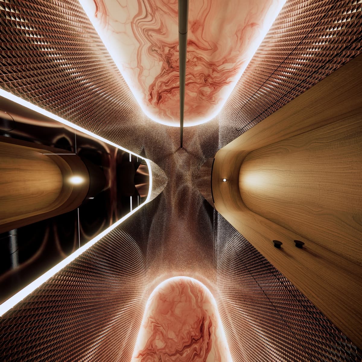 3D rendering looking up a curved corridor with copper studded walls, wood panels and backlit pink stone