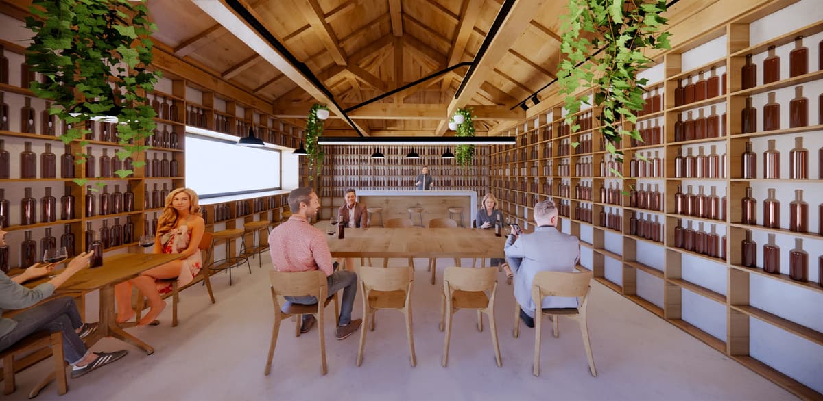 Rendering of the wine bar interior with timber roof, bottle-lined shelving and people at a long table