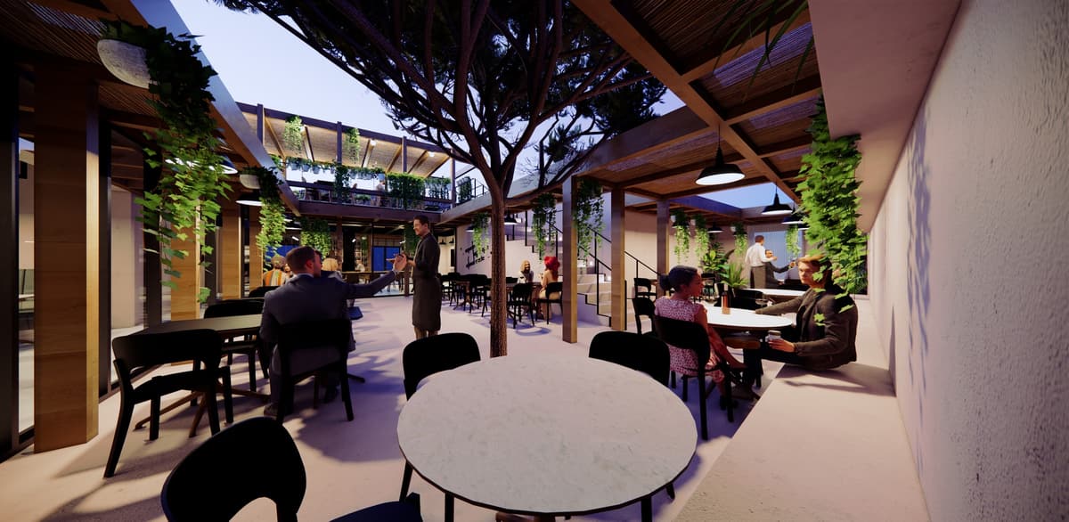 Dusk rendering of the wine bar patio with a tree, pergolas, hanging plants and people at tables