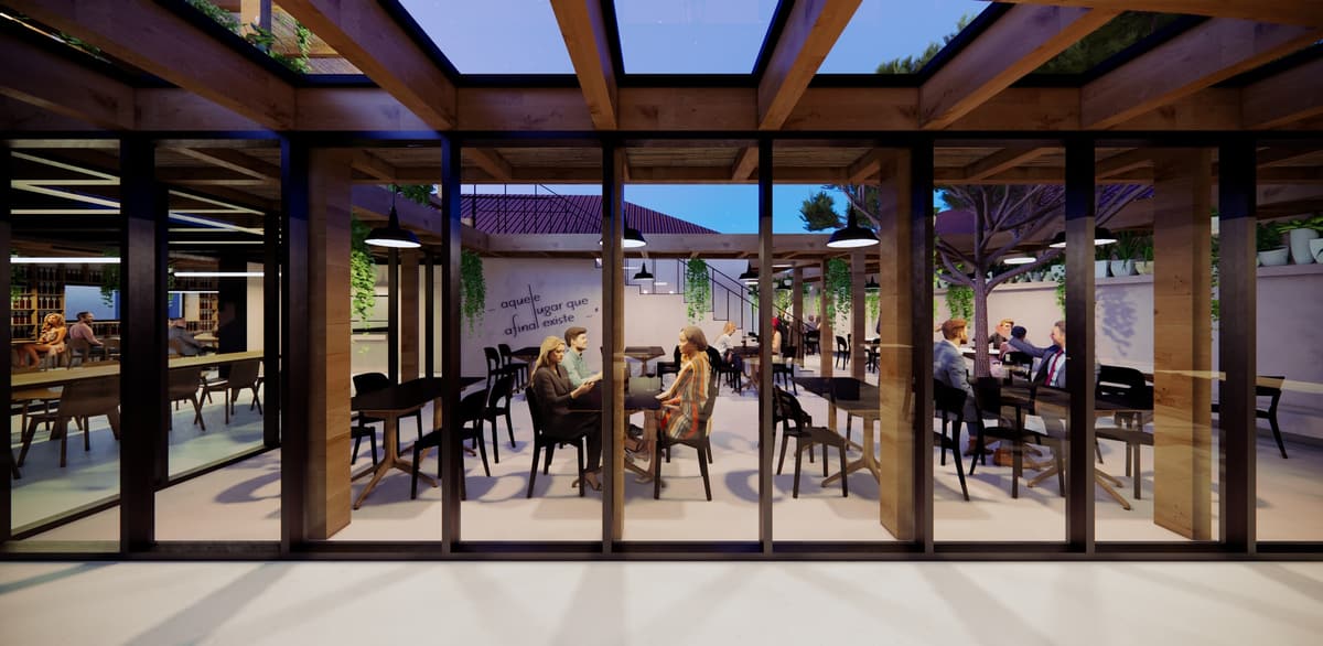 Dusk rendering through a glazed timber facade to a covered patio with people dining under pendant lamps