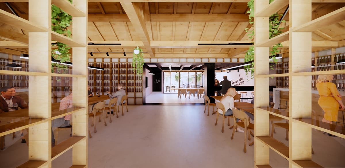 Rendering of the timber-framed dining room with wine shelving, wooden chairs and a bar at the back