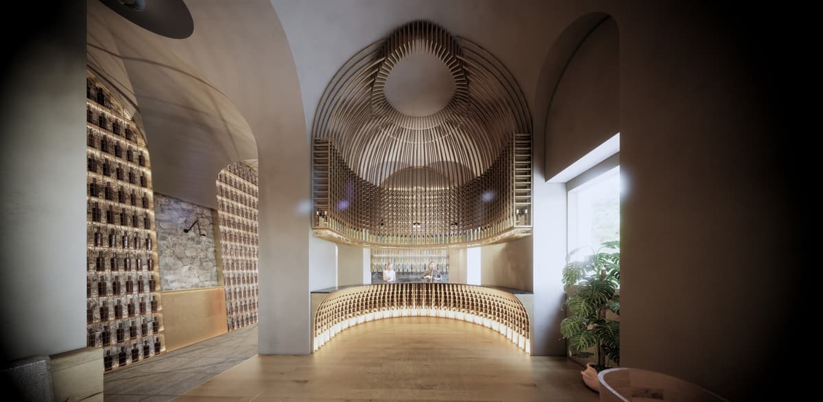 3D rendering of the Convento do Carmo wine bar entrance, with a domed wooden bottle rack above a curved bar