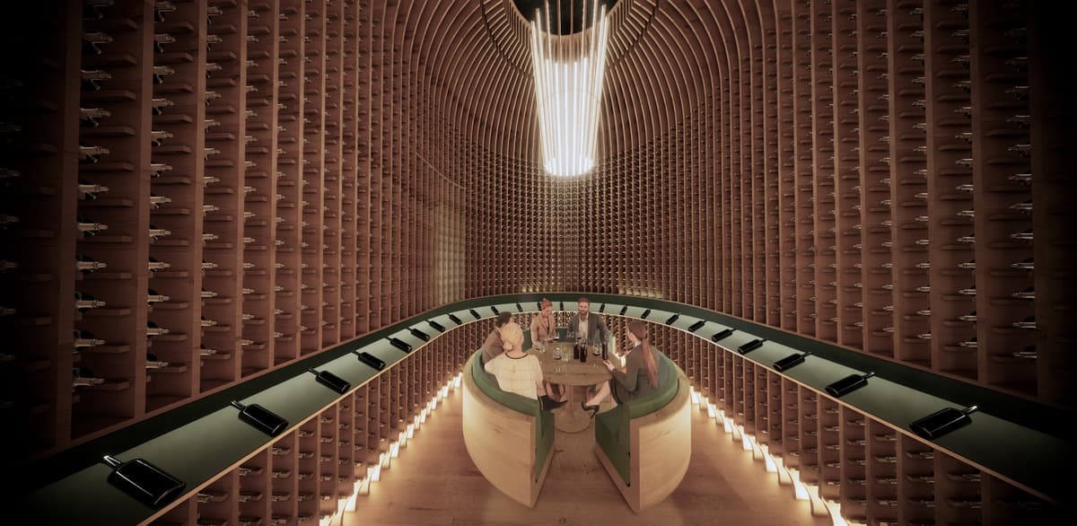 Private tasting room lined with curved wooden wine racks around a round table with guests, 3D rendering