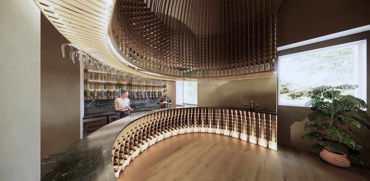 Curved stone-topped bar with an illuminated wooden bottle display and staff behind the counter, wine bar rendering