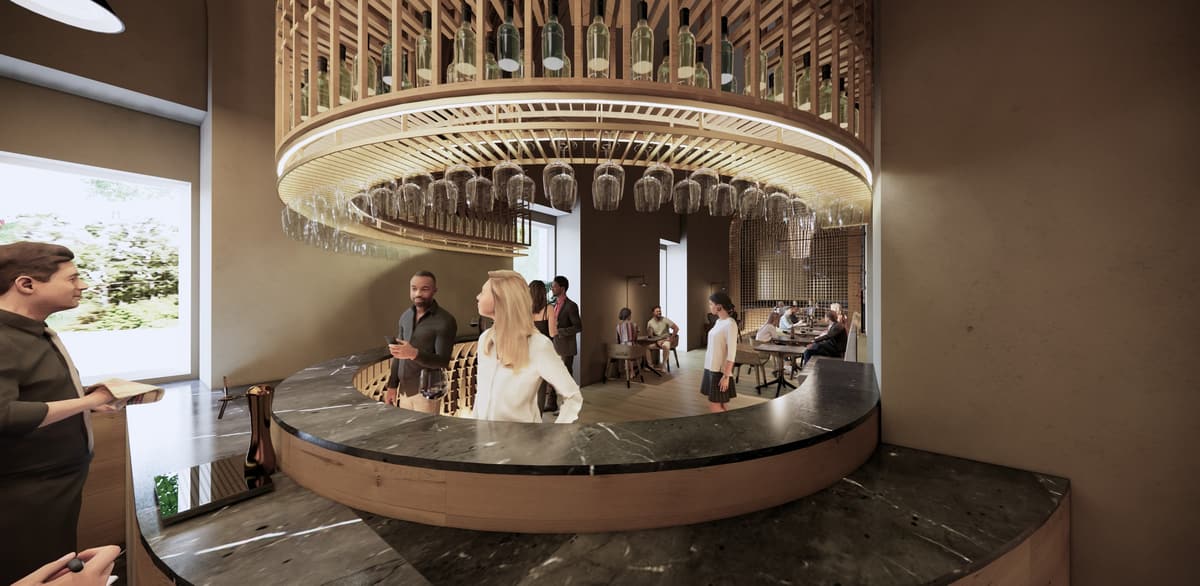 3D rendering of guests at a curved marble bar under a circular rack of bottles and hanging wine glasses
