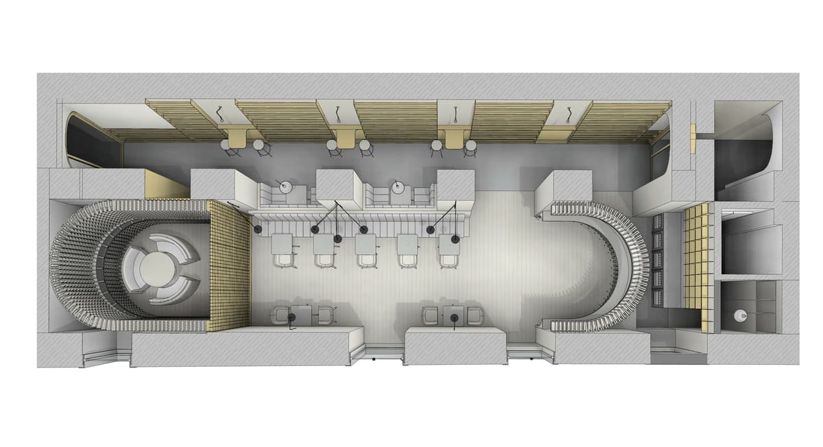 Top-down plan rendering of the wine bar layout with curved bottle walls, tasting room and table seating