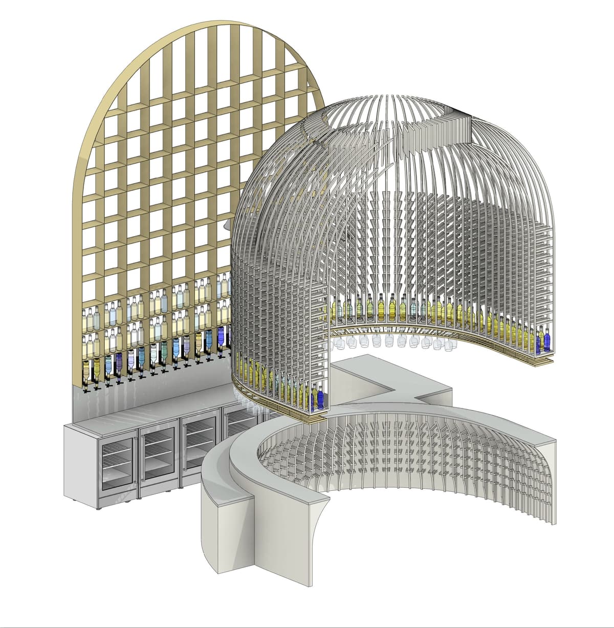 Axonometric drawing of the wine bar's arched grid shelving, domed bottle rack and curved counter