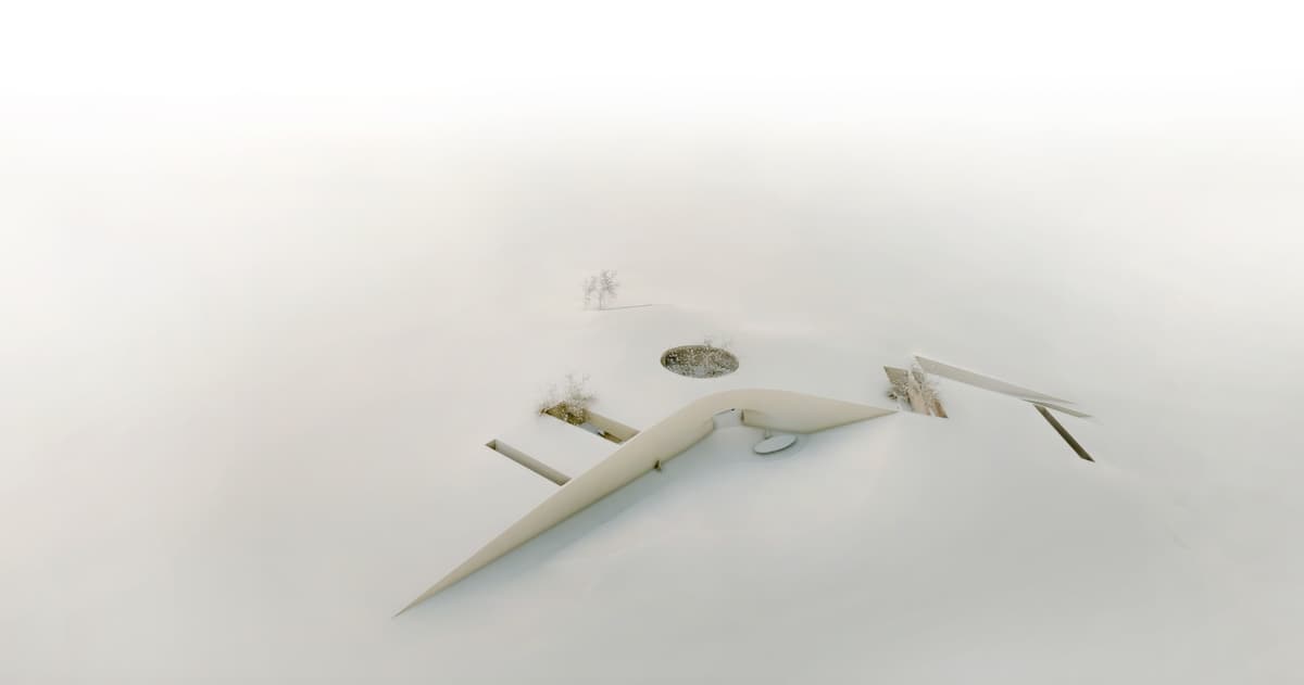 Aerial white rendering of the semi-buried winery with a sharp ramp cut and a circular planted light well