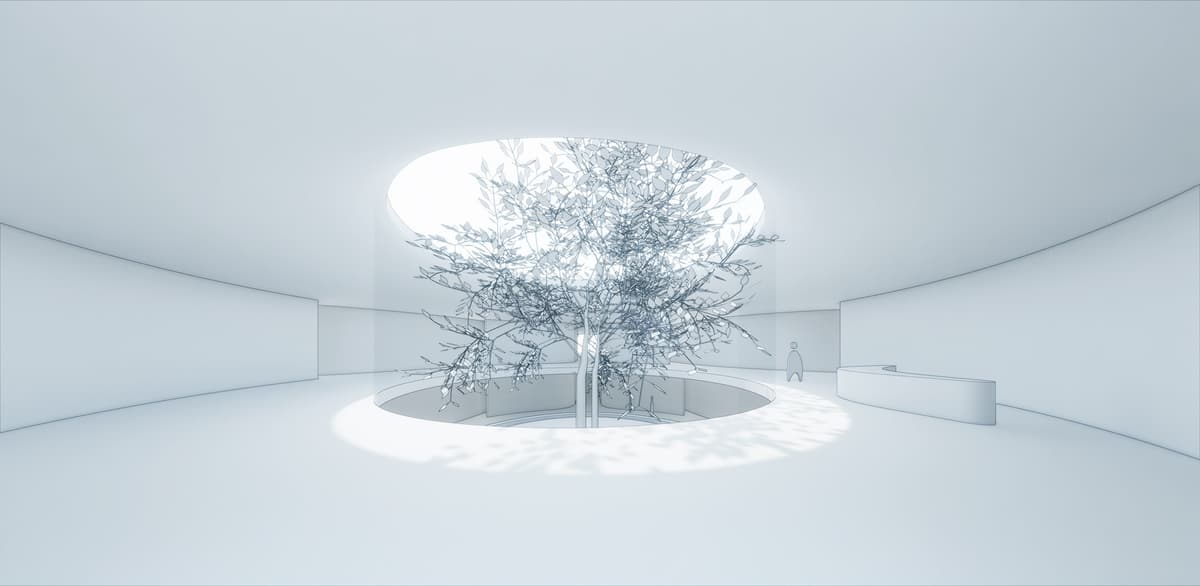 White rendering of a round underground hall with a tree rising through a circular glass light well