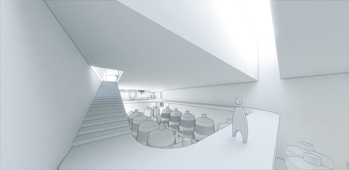 Line rendering of a stair and curved gallery overlooking wine fermentation tanks on the lower level