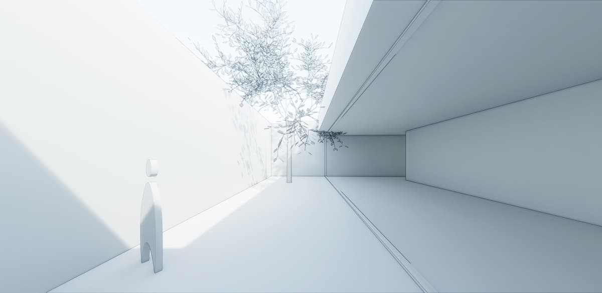 White rendering of a sunlit sunken patio with a tree beside a glazed underground gallery