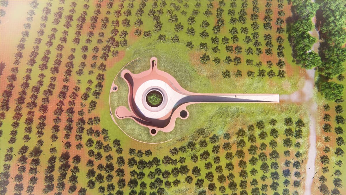 Aerial 3D rendering of a semi-buried circular winery with a long entrance ramp among rows of vineyards