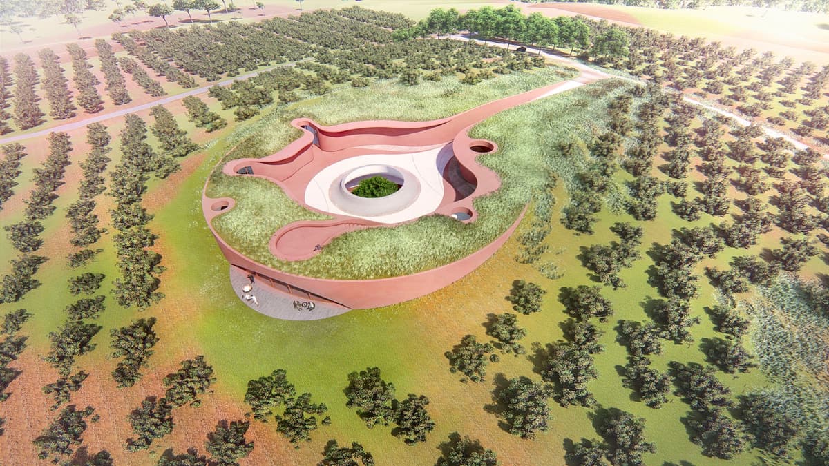 Bird's-eye rendering of the earth-toned ring-shaped winery with green roof and central courtyard amid vineyards