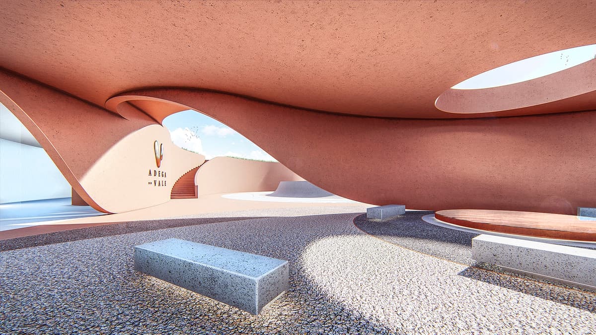 Winery rendering of a covered arrival space with curved earth-toned walls, oval skylight and stone benches