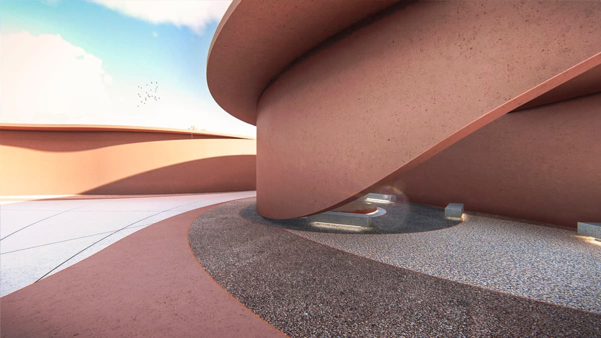 Rendering of curving earth-toned concrete volumes around a gravel patio with stone benches under blue sky