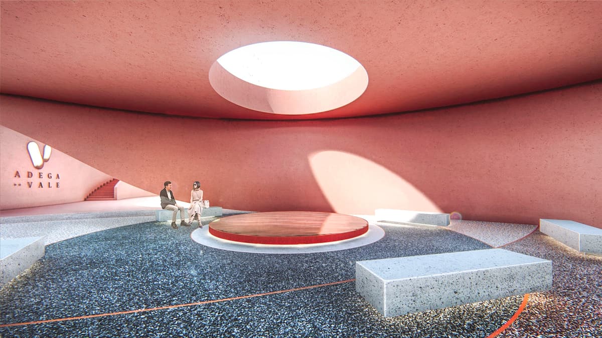Winery rendering of a circular reception hall with oval skylight, water basin, stone benches and two visitors