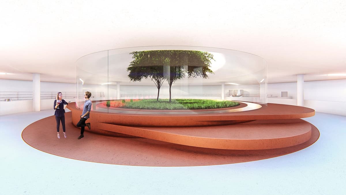 Interior rendering of a round glazed courtyard with trees and grass, wrapped by a terracotta bench, two visitors